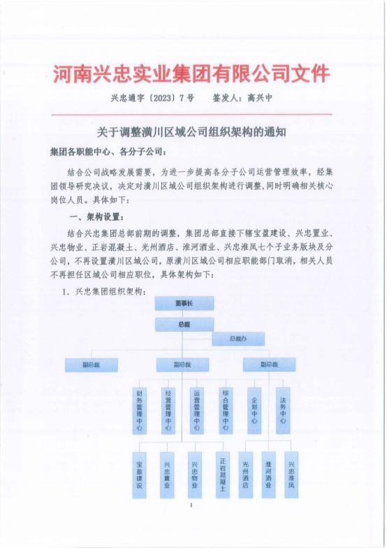 關于調整潢川區域公司組織架構的通知